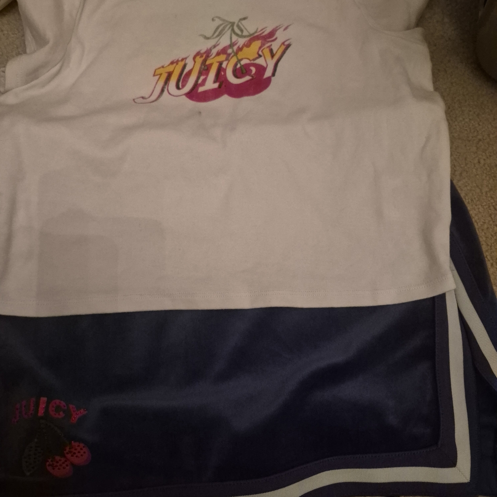 Juicy Couture White Graphic Top with Navy Skirt